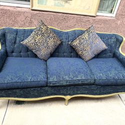 Elegant French Provincial Blue & Gold Sofa – Solid Wood Frame, 72”