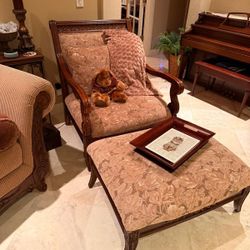 Traditional Wood-Carved Accent Chair & Matching Ottoman – Excellent Condition