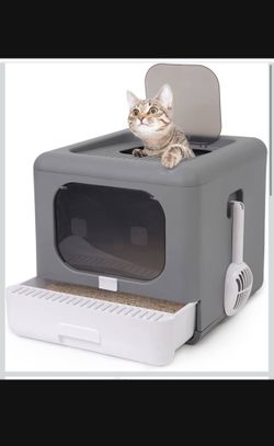 Foldable cat litter box with front door and top entrance, removable drawer type, cat toilet with lid, easy-to-clean and anti-splash litter tray with s