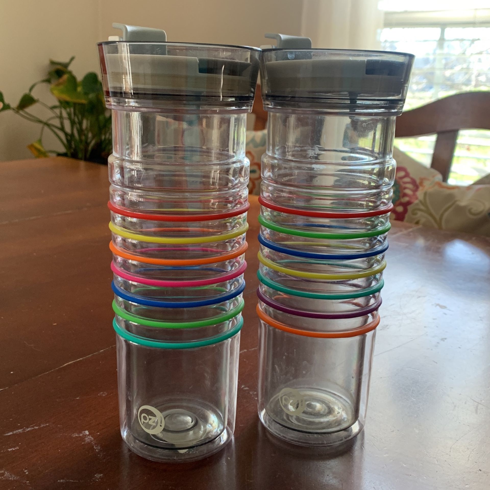 Set-One New And One Just Like New- 2 Large Cups With Lids- Fits In Car Cup Holder And Keeps Record Of Refills With Bands That Can Move Up