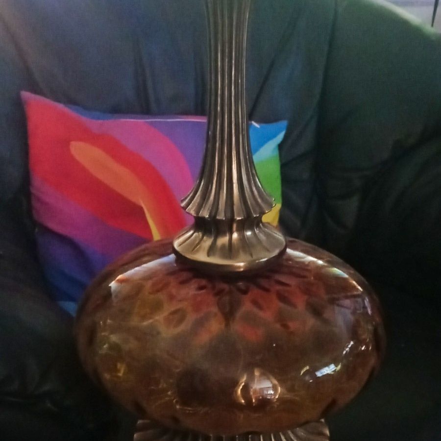 Mid Century Murano Brass & Amber Hollywood Regency Optic Glass Lamp