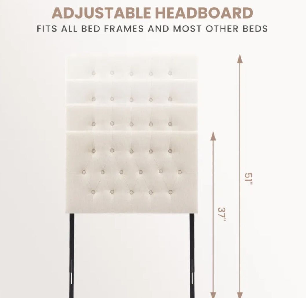 JONPONY Tufted Upholstered Headboard Twin Size, Solid Wood Head Board With Adjustable Height Headboard From 37" To 51",Bed Frame Adapters,Beige,Headbo