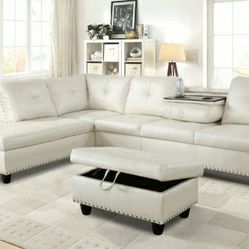 Brand New White Leather Sectional With A Drop Down Table Built In Cup Holders & Storage Ottoman 