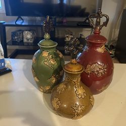 Decorative Ceramic Apothecary Jars – Set of 3 (Red, Green, Mustard) Floral Design