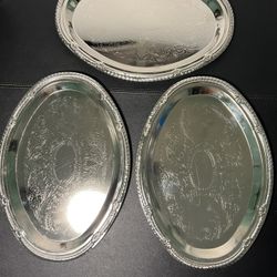Vintage 1980s Silver-Tone Ornate Etched Oval Set Of 3 Serving Trays, 12x8.5”