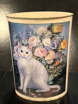Vintage Metal Wastebasket Art Print of White Cat and Colorful Flowers Garbage Can Baske