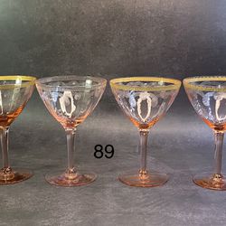 Set of (4) Vintage Pink Etched Elegant Glass Depression Champagne Gold Trim Glasses. One Does not have the gold rim, see pics!