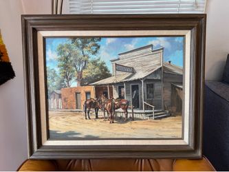 Framed Western Oil Painting with horses signed by G. Pond - “Lunch at Shorty’s”