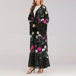 Fashion clothing for women open abaya with belt Black With Pink and White Roses