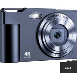 Digital Camera, FHD 4K Digital Point and Shoot Camera with 16X Zoom Anti Shake, 48MP Compact Small Camera with 32GB Card