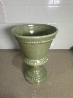 Green Ceramic Urn Vase with Pedestal Base