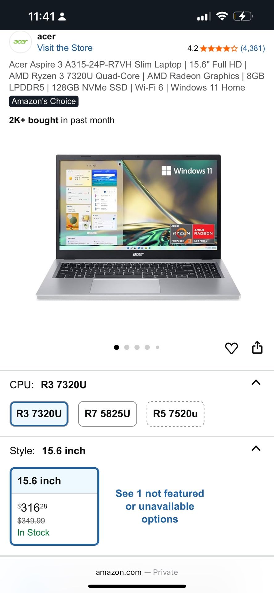 ACER Aspire 315 Ryzen 3 | 15.6” Windows 11