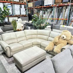 Leather Sectional Sofa Large Ottoman Nailhead Trim Comfortable Classic Design