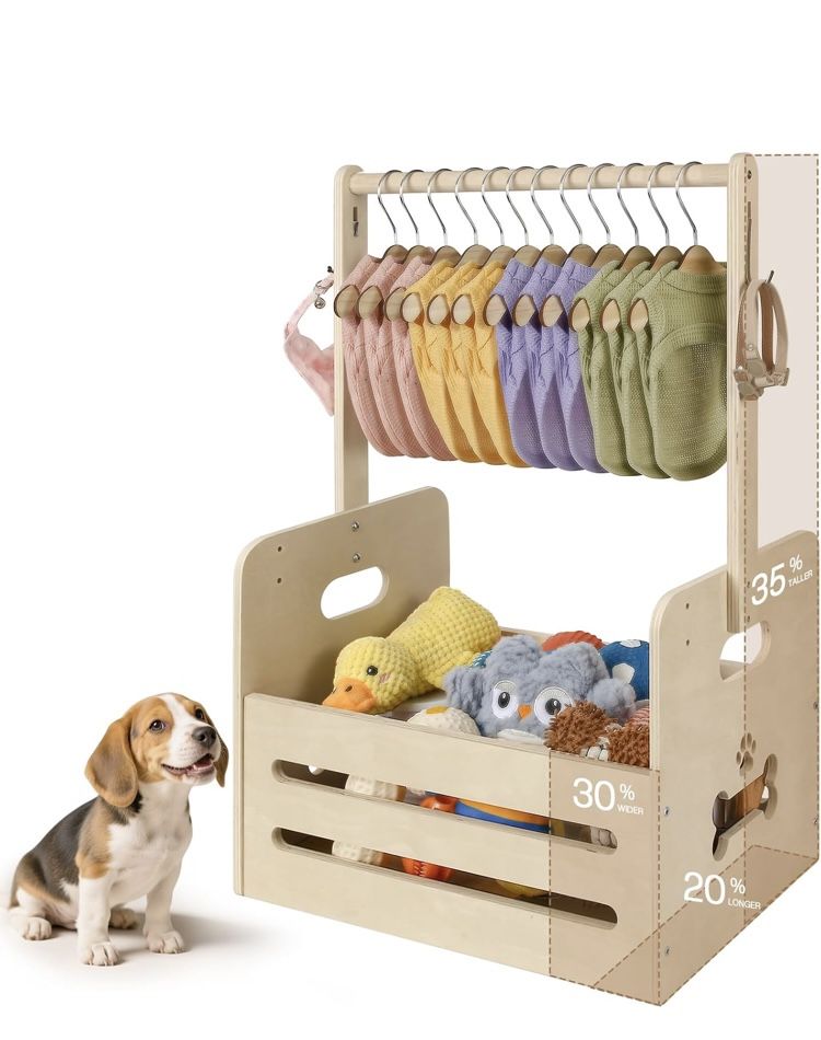 35L Wooden Dog Storage Organizer, Dog Toy Bin with Hanging Rods, 27"x16"x11" Pet Wardrobe Closet with 2 Metal Hooks, Pet Clothes Rack for Dogs Organiz
