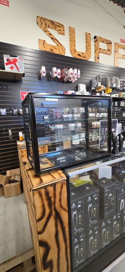 Black Glass Display Case with Sliding Doors