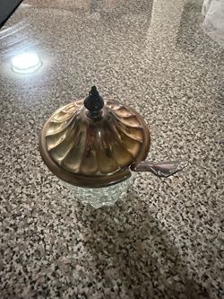 Vintage Cut Glass Sugar Bowl w/ Silver-Plated Lid & Matching Spoon