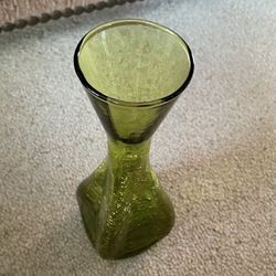 Vintage Rare Blenko Crackle Glass Vase w/ Square Style Base Green