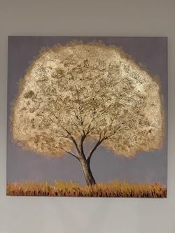 Large 3D Gold Tree Canvas Wall Art (40" x 40") – Textured Glittering Foil Effect
