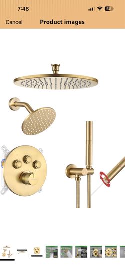 VANFOXLE Thermostatic Shower Faucet Set Brushed Gold Shower System,Push Button Diverter Shower Faucet with 2 in 1 Handheld, Ceiling Mount 12 Inch Show