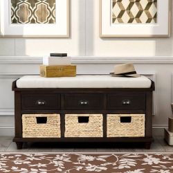 Rustic Storage Bench With 3 Drawers And 3 Rattan Baskets