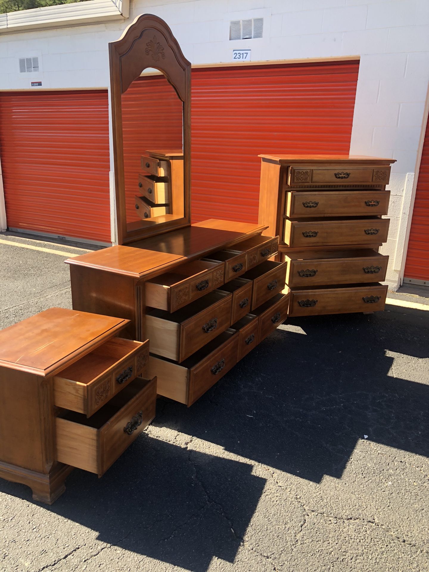 Quality Solid Wood Set Long Dresser, Big Drawers, Mirror, Tall Chest And Nightstand. Drawers Sliding Smoothly. Delivery Available 