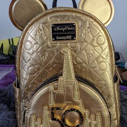 Disney Walt Disney World 50Th Anniversary Mickey Leather Gold Mini Backpack  New 