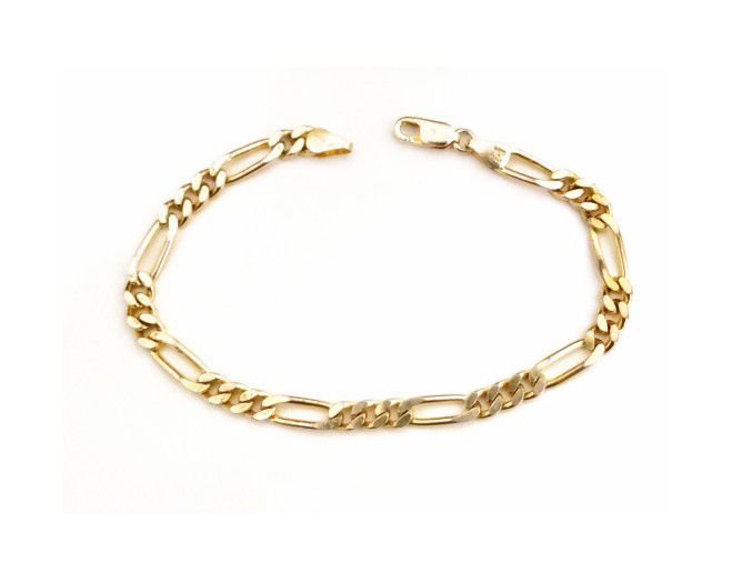 8" x 7mm 14k Yellow Gold over .925 Solid Sterling Silver, Figaro Chain Bracelet. Italy 