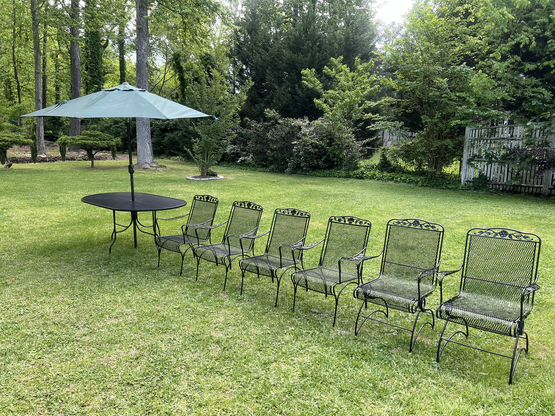 REFINISHED oval wrought iron set and 6 chairs+FREE umbrella $599 CAN DELIVER for a fee!