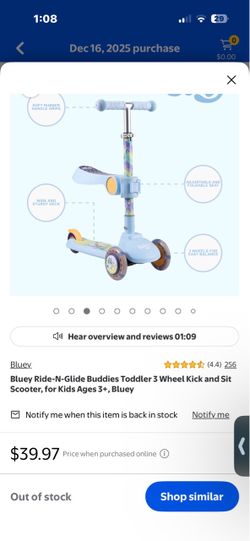 Bluey Ride-N-Glide Buddies Toddler 3 Wheel Kick and Sit Scooter, for Kids Ages 3+, Bluey