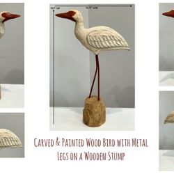 Carved & Painted Wood Bird with Metal Legs on a Wooden Stump 