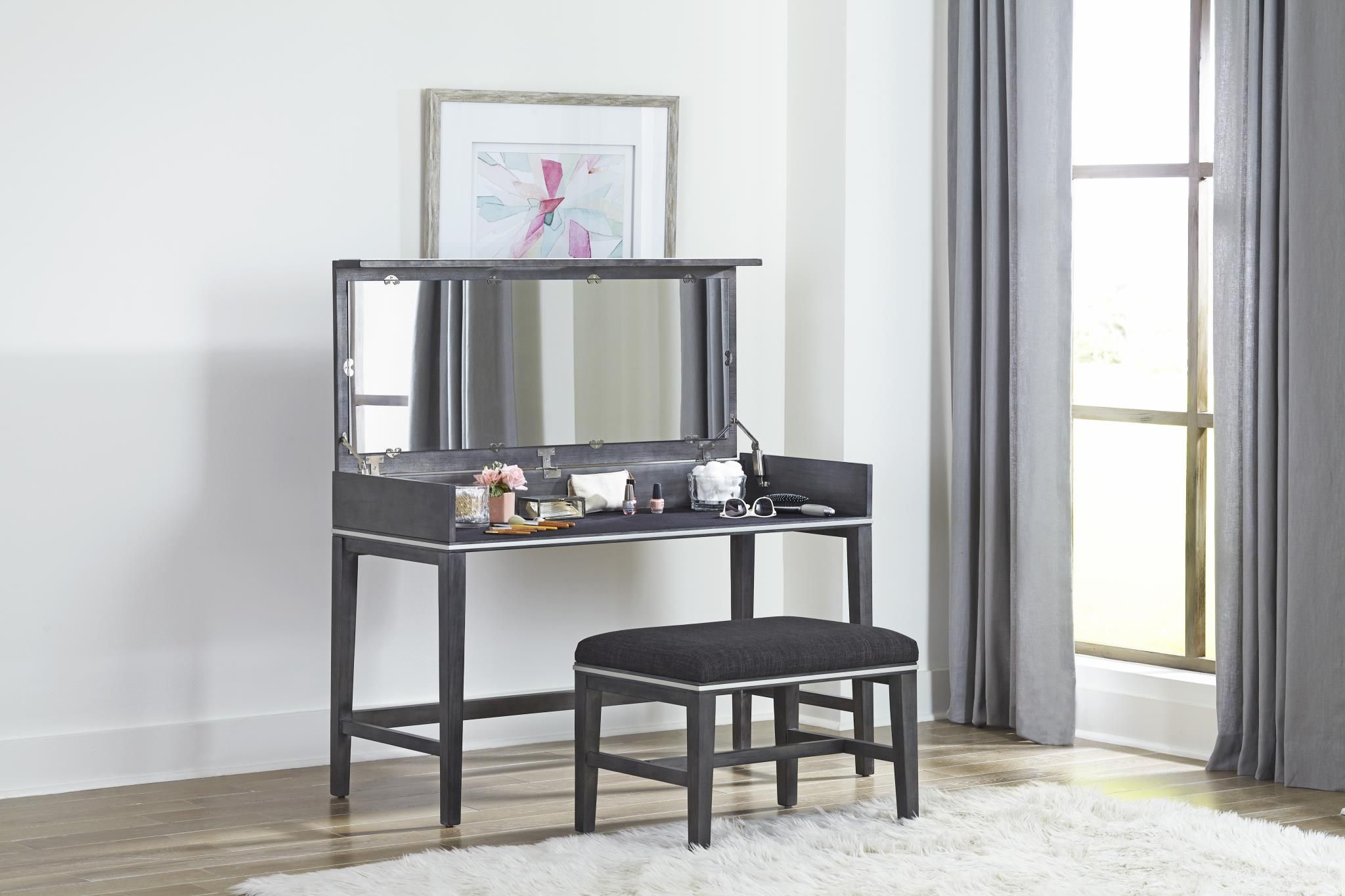 Mirror Vanity Desk with Stool in Slate Grey Finish