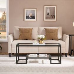 Modern Tempered Glass Coffee Table With Open Shelf Industrial Center Table Heavy-Duty Metal Frame Large Coffee Table For Living Room