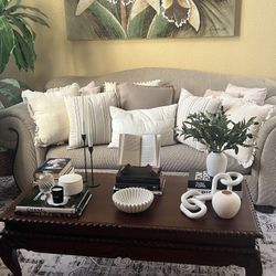 Large 91” Tan Sofa With French Black  Accents - Pillows Not Included