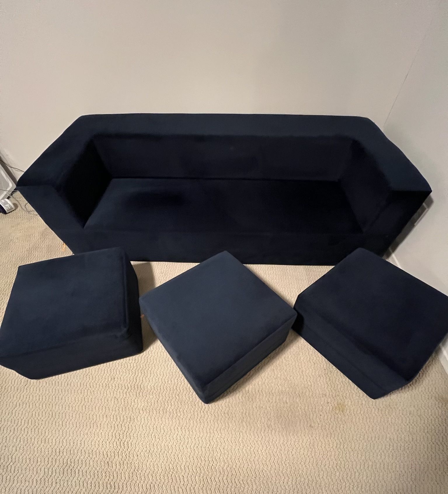 Jaxx Zipline Convertible Sleeper Sofa & Three Ottomans/California King-Size Bed, Textured Microvelvet - Indigo Blue Color