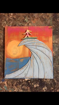 Solid wood hand crafted surf scene with wave