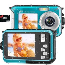 4K Underwater Camera 11FT Waterproof Camera with 32GB Card 56MP Autofocus Dual-Screen Selfie Underwater Camera for Snorkeling Waterproof Compact Float