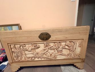 vintage Chinese hand-carved camphor wood trunk (often used as a blanket chest, hope chest, or coffee table)