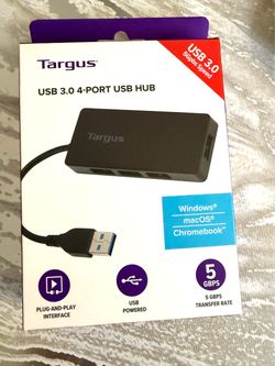 New Targus USB 3.0 4-Port Hub   New Targus USB 3.0 4-port hub is black and features a plug-and-play interface. It has a 5 Gbps transfer rate and is po