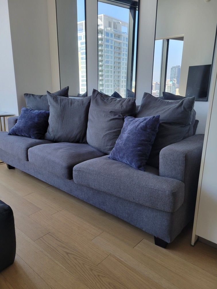 89in 3 Seater Sofa Couch Grey And Blue Pillows