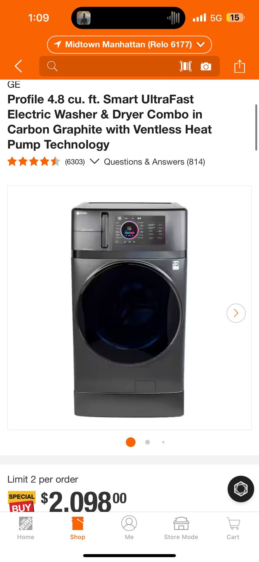 GE Profile 4.8 cu. ft. Smart UltraFast Electric Washer & Dryer Combo in Carbon Graphite with Ventless Heat Pump Technology