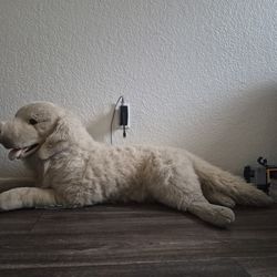 This plush toy is a large, realistic stuffed dog similar to the E&J Classic Collection Labrador or Golden Retriever model