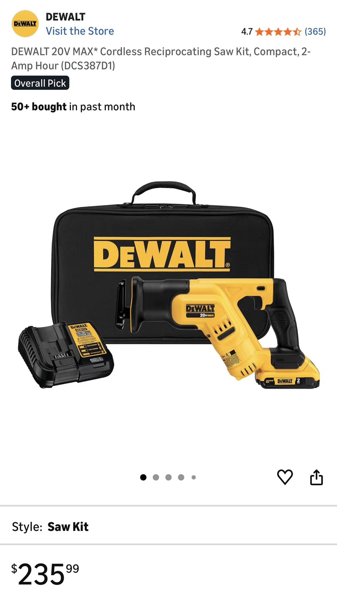 DEWALT 20V MAX* Cordless Reciprocating Saw Kit, Compact, 2-Amp Hour (DCS387D1)