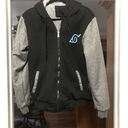 Mens Jacket Size Small Nartuo Shippuden Zip Front Hoodie.  Black With Gray.  Preowned only  Worn a couple of times.  Excellent condition.