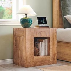 set of 2 24" Modern Nightstand with Charging Station, Large Wood Bedside Table w/Hidden Drawers & Open Storage Shelf, Rustic End Table for Bedroom,Liv