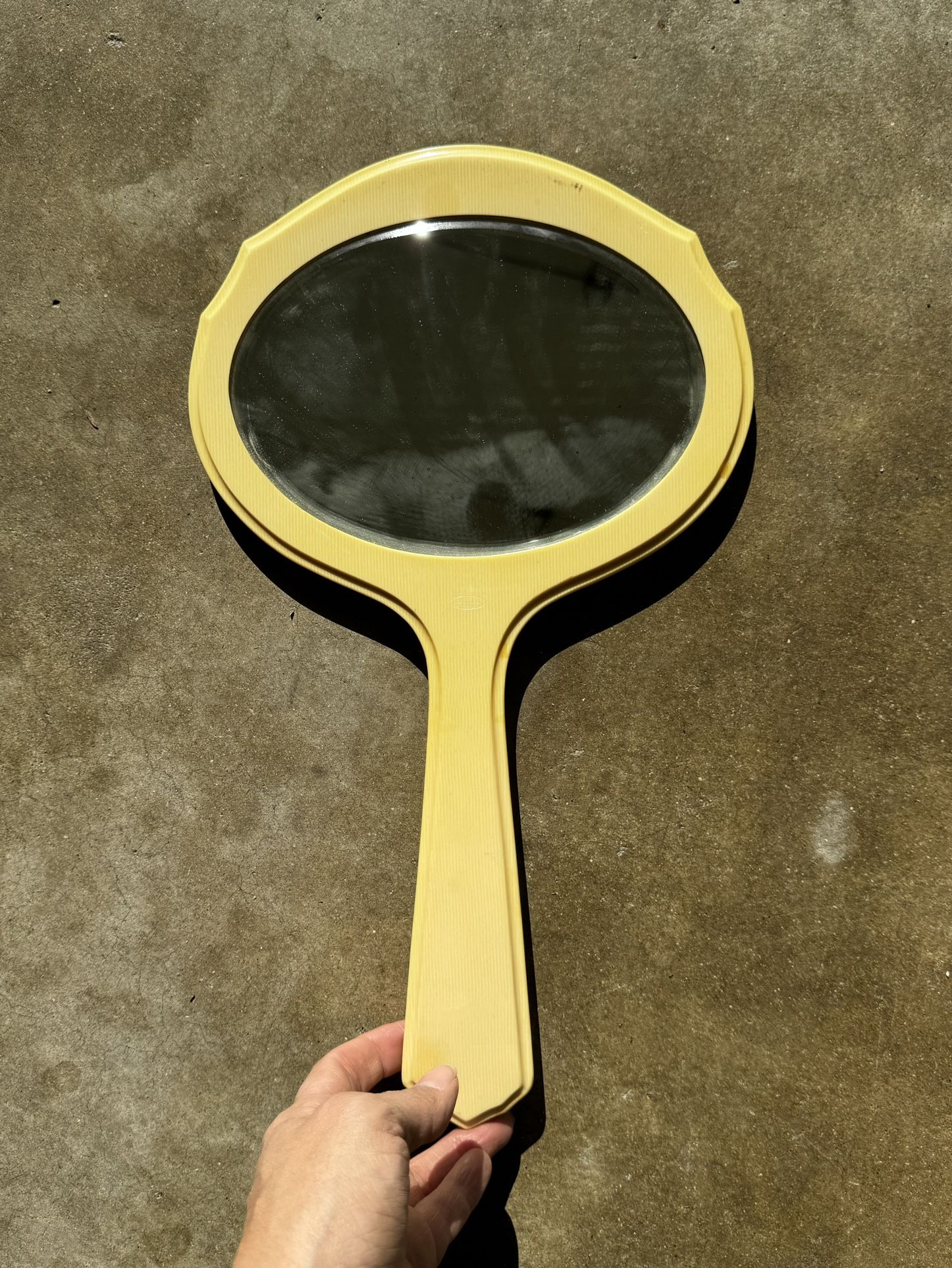 Antique Ivory Colored Pyralin Dubarry Beveled Glass Hand Held Vanity Mirror USA