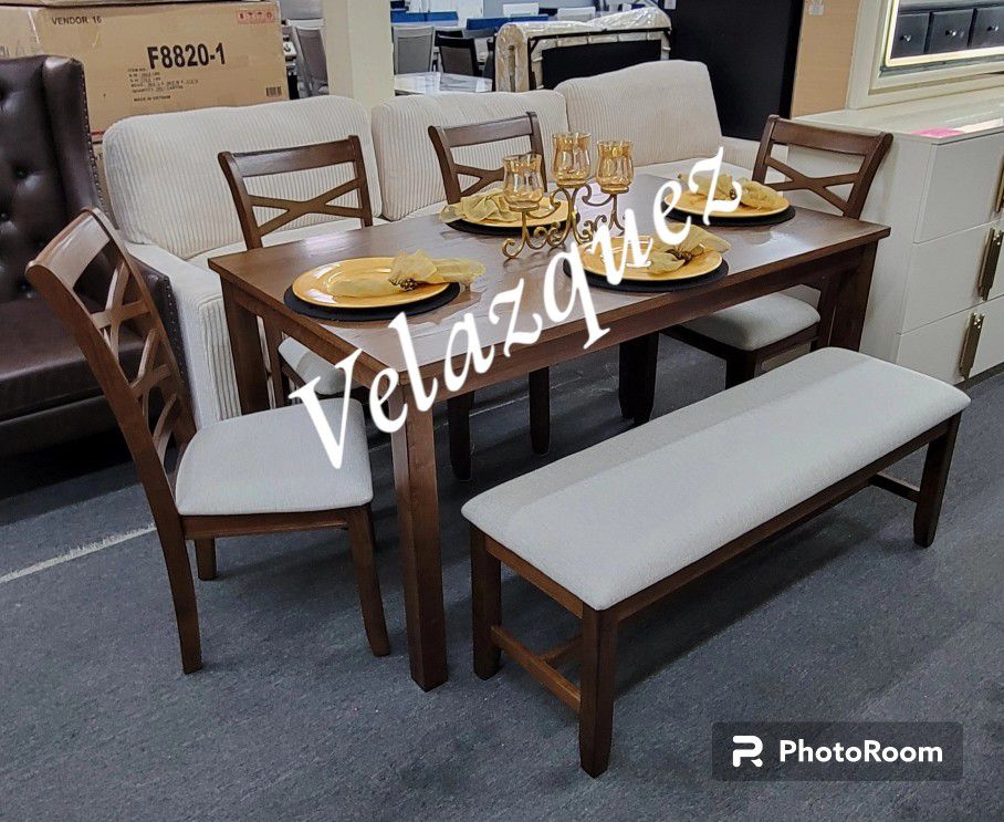 ✅️✅️6 pc brown finish wood dining table set padded seat chairs and bench✅️ 