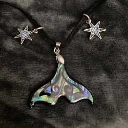 Whale Tail Made Out Of Abalone On Suede Choker With Iridescent Stars With Rhinestones - Handmade