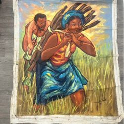  Original African Painting 4x3.2 ft Hand-Painted Congo Art of Woman & Man