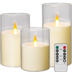 Flickering Flameless Candles with Remote and Timer，Battery Operated Acrylic LED Pillar Candles ，for Christmas Decorations Home Decorations ，Set of 3
