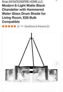 Modern 6-Light Matte Black Chandelier with Hammered Water Glass Drum Shade for Living Room, E26 Bulb Compatible